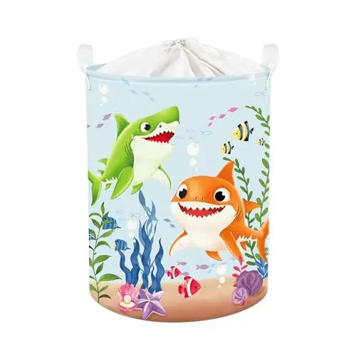 Produktbild: Clastyle Meerestiere Kinder Wäschekorb mit Henkel Krabben Kleidung Spielzeug Aufbewahrungskorb Jungen Mädchen Aufbewahrungsbox für Babyzimmer Bad, Karikatur Hai, 36 * 45 cm