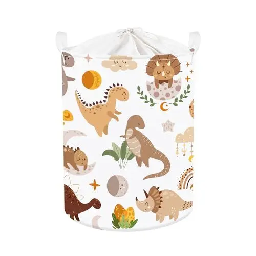 Produktbild: Clastyle 45L Niedlich Boho Dinosaurier Kinder Wäschekorb für Jungen Mädchen Tropisches Palmblatt Rund Braun Spielzeug Kleidung Aufbewahrungskorb für Kinderzimmer, 36x45 cm