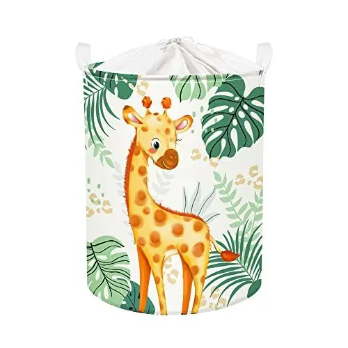 Produktbild: Clastyle 45L Niedlich Grün Wäschekorb Baby mit Giraffe, Vögel - Waldtiere Blätter Rund Wäschekorb Faltbar - Perfekt Aufbewahrungskorb Kinderzimmer zum Aufbewahren von Spielzeug, 36x45 cm
