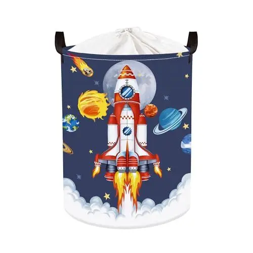 Produktbild: Clastyle 45L Planeten Raketen Start Kinder Wäschekorb für Jungen Meteorit Rund Blau Spielzeug Kleidung Aufbewahrungskorb für Kinderzimmer, 36x45 cm