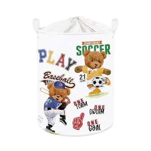 Produktbild: Clastyle 45L Sport Teddybär Basketball Rennwagen Weiß Kinder Wäschekorb mit Deckel Fußball Baseball Kleidung Spielzeug Aufbewahrungskorb für Babyzimmer, 36x45 cm