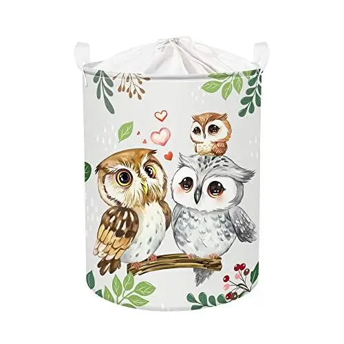 Produktbild: Clastyle 45L Süße Eulen Familie Grün Blätter Baby Wäschekorb Safari Tiere Rund Spielzeug Kleidung Grau Aufbewahrungskorb für Kinderzimmer, 36x45 cm
