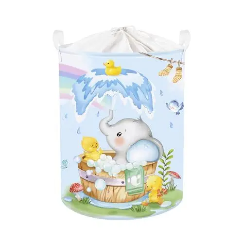 Produktbild: Clastyle 45L Tier Baden Elefant Giraffe Beim Blau Kinder Wäschekorb Löwe Ente Rund Kleidung Spielzeug Aufbewahrungskorb für Babyzimmer, 36x45 cm