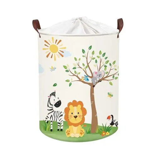 Produktbild: Clastyle Waldtier Kinder Wäschekorb mit Henkel Faltbar Blatt Kleidung Spielzeug Aufbewahrungskorb Jungen Mädchen Aufbewahrungsbox für Babyzimmer Bad, Löwe Elefant, 40 * 50 cm