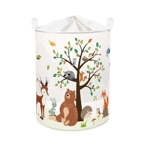 Produktbild: Clastyle Waldtier Kinder Wäschekorb mit Henkel Faltbar Blatt Kleidung Spielzeug Aufbewahrungskorb Jungen Mädchen Aufbewahrungsbox für Babyzimmer Bad, Bär Hirsche Fuchs, 40 * 50 cm