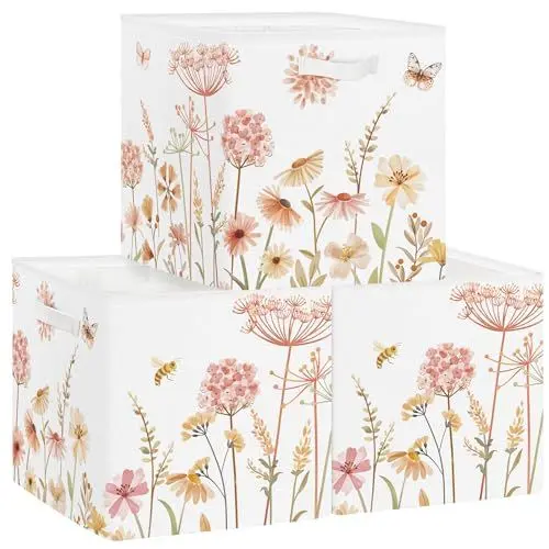 Produktbild: Clastyle 3 Stück Blume Damen Aufbewahrungsbox Stoff für Kallax Faltbar Aufbewahrungskorb Klein Frauen Mädchen Schrank Organizer Kleiderschrank für Regal,Rosa Wildblume,30x30x30 cm