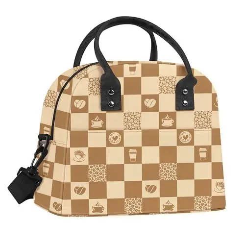Produktbild: Clastyle Braun Schachbrettmuster Groß Isolierte Lunchtasche Damen Herren, Wasserdichte Klein Kühltasche Erwachsene mit Riemen, Auslaufsicher Brotzeittasche für Picknick Arbeit Büro