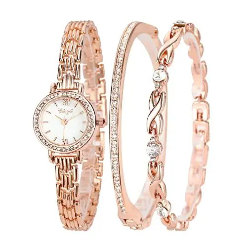 Produktbild: Clastyle Damenuhren und Armband Set Elegant Strass Armbanduhr Damen Rosegold Perlmutt Armbanduhren Glänzender Edelstahlband Damen Uhr Set Geschenk