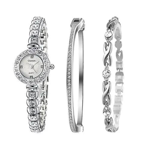 Produktbild: Clastyle Damenuhren und Armband Set Silber Strass Elegant Frauen Armbanduhr mit 2 Armband Edelstahlband Kleine Uhr Set Geschenk