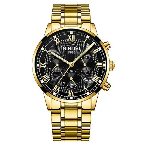 Produktbild: Clastyle Gold Herrenuhren Chronograph Kalender Armbanduhren für Herren Römische Ziffern Edelstahlband Herrenuhr Uhr Geschenk, Schwarzgold