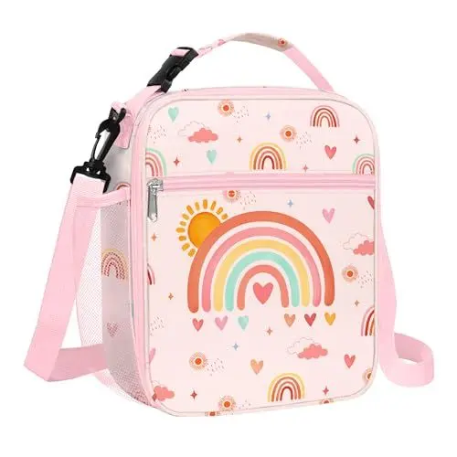 Produktbild: Clastyle Rosa Regenbogen Sonne Isolierte Lunchtasche Kinder, Klein Kühltasche für Mädchen mit Flaschenhalter, wasserdichte Brotzeittasche für Picknick Schulen