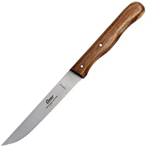 Produktbild: Clauss Vespermesser aus Solingen, Tomatenmesser mit ergonomischem Holzgriff aus Schwarznuss und doppelten Nietstiften, Sägemesser mit scharfer gezahnter Klinge, 23 cm, CL-20005
