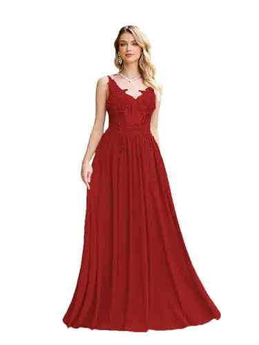 Produktbild: CLcaojun Chiffon-Spitzen-Applikation, Pailletten, doppelter V-Ausschnitt, Brautkleid, Mutterkleid, Spaghettiträger, A-Linie, Perlen, Abschlussball-Abendkleid, weinrot, 36