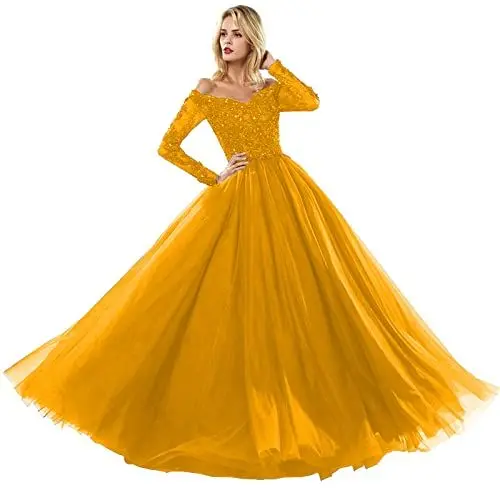 Produktbild: CLcaojun Damen Bodenlang Lange Ärmel Tüll A Linie Ballkleid Sweetheart-Ausschnitt Perlen Abendkleider, gelb, 44