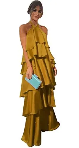 Produktbild: CLcaojun Damen Satin Bodenlang Gestufte Abendkleider Frauen Neckholder Rückenfrei Formal Anlass Ballkleid, ingwer, 50