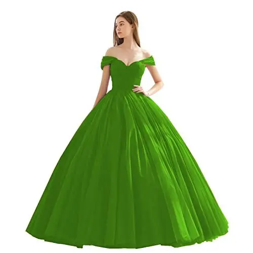Produktbild: CLcaojun Damen Schulterfrei A Linie Tüll Ballkleid Plissee Herz Ausschnitt Abendkleid Elegant Lange Prinzessin Ballkleider, leuchtend grün, 38