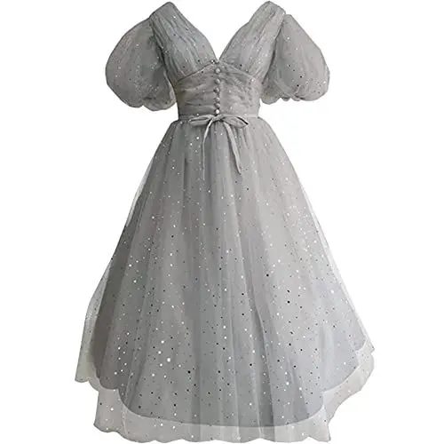 Produktbild: CLcaojun Damen V-Ausschnitt Puffy Ärmel Abendkleider Sternenhimmel Tüll Homecoming Kleid Teelänge A-Linie Ballkleid, grau, 50