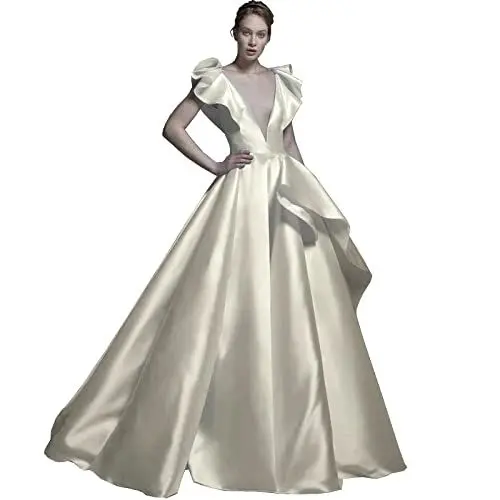 Produktbild: CLcaojun Damen V-Ausschnitt Satin Hochzeit Partykleid A-Linie Rüschen Hochzeitskleider Elegant Lang Abendkleid mit Zug, elfenbeinfarben, 34