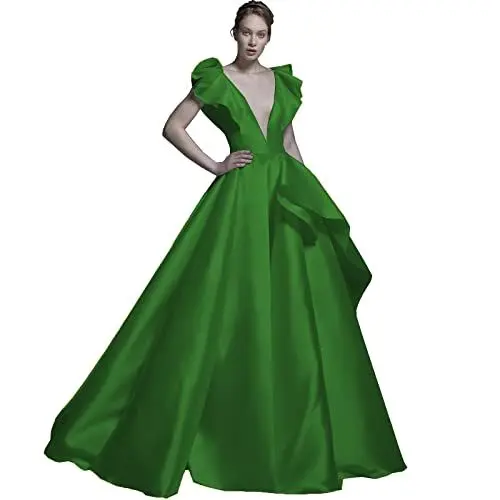 Produktbild: CLcaojun Damen V-Ausschnitt Satin Hochzeit Partykleid A-Linie Rüschen Hochzeitskleider Elegant Lang Abendkleid mit Zug, grün, 48