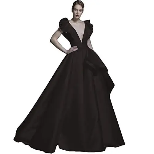 Produktbild: CLcaojun Damen V-Ausschnitt Satin Hochzeit Partykleid A-Linie Rüschen Hochzeitskleider Elegant Lang Abendkleid mit Zug, navy, 42