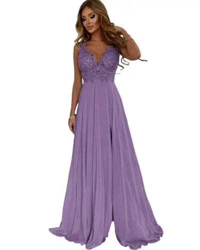 Produktbild: CLcaojun Elegantes Chiffon-Abendkleid mit hohem Schlitz, Spaghettiträgern, V-Ausschnitt, rückenfrei, Spitzenapplikation, sexy, langes Abendkleid, Partykleid, lavendel, 44