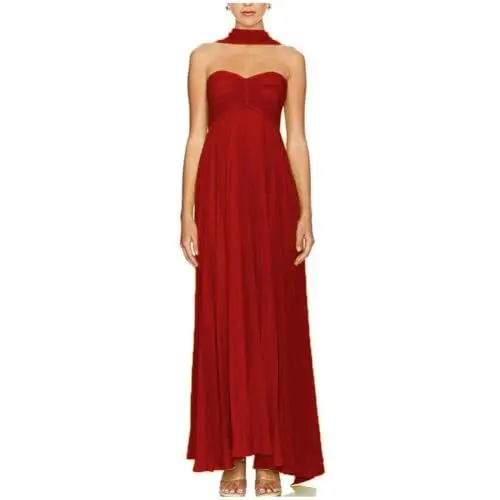 Produktbild: CLcaojun Elegantes Strandkleid, trägerlos, plissiert, Abschlussballkleid, gerader Schlauch, Rüschen, rückenfrei, langes Partykleid, Abendkleid, weinrot, 36