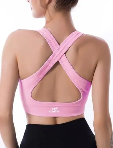 Produktbild: CLDFHX Damen Sport BH Gekreuzt Nahtlos Ohne Bügel Bequem Sport Top Crop Gym BH mit Kreuzträgern für Yoga Workout Fitness, Rosa, M