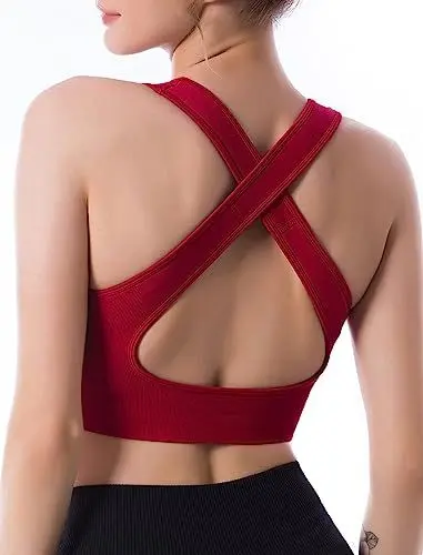 Produktbild: CLDFHX Damen Sport BH Gekreuzt Nahtlos Ohne Bügel Bequem Sport Top Crop Gym BH mit Kreuzträgern für Yoga Workout Fitness, Weinrot, L