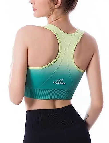Produktbild: CLDFHX Damen Sport BH Starker/Mittlerer Halt Nahtlos Ohne Bügel Comfy Sport BH Racerback mit Polstern zum Yoga Joggen Laufen Pilates Fitness, Mehrfarbig Grün, M