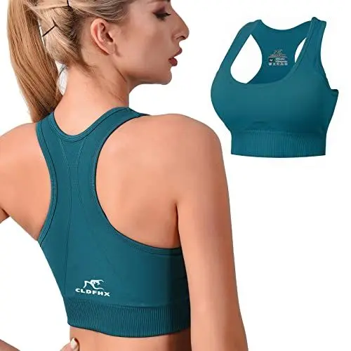Produktbild: CLDFHX Damen Sport BH Starker Halt mit Polstern Ohne Bügel Comfy BH Nahtlos BH Racerback Top zum Yoga Joggen Fitness Laufen Pilates, Grün, 3XL
