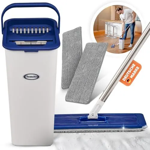 Produktbild: CleanAid Formosa 2 Wischmopp Set mit Eimer – Bodenwischer mit 2-Kammer-System, Edelstahlstiel (155 cm), 2 Mikrofaserbezüge – Flachwischer für gründliche Bodenreinigung