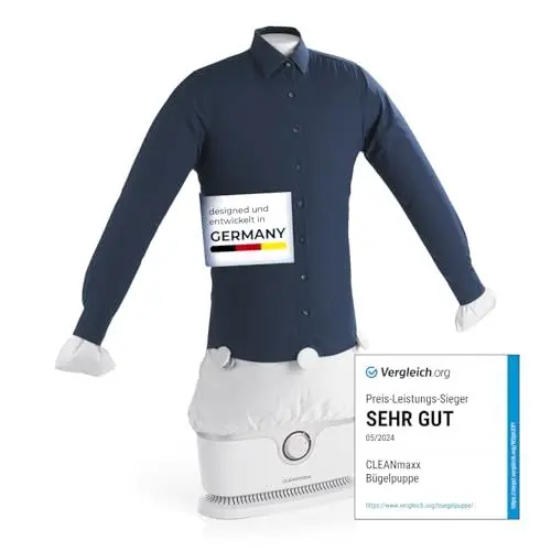 Produktbild: CLEANmaxx automatischer Hemdenbügler PRO | ersetzt Bügeleisen, Bügelbrett, Dampfglätter und Steamer | Bügelgerät mit Bügelpuppe für Hemden, Blusen & Shirts | innovativ & effizient, weiß