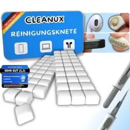 Produktbild: CLEANUX Reinigungsknete Handy Reinigungsset – iPhone Cleaner mit 60 Reinigungsknete-Portionen, Multifunktionswerkzeug & Mikrofasertuch – Ladebuchse Reiniger für AirPods, USB-C & Lautsprecher