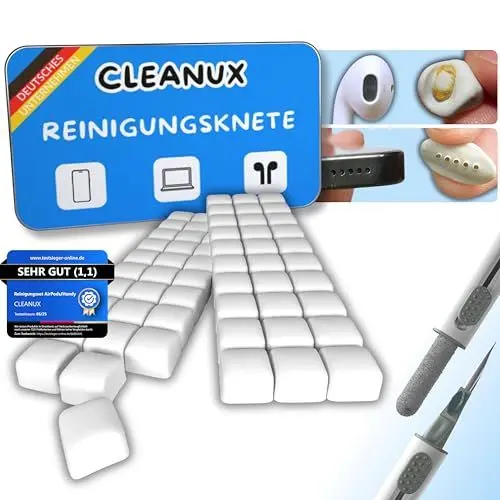Produktbild: CLEANUX Reinigungsknete Handy Reinigungsset – iPhone Cleaner mit 60 Reinigungsknete-Portionen, Multifunktionswerkzeug & Mikrofasertuch – Ladebuchse Reiniger für AirPods, USB-C & Lautsprecher