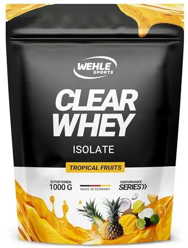 Produktbild: Clear Whey Protein Isolate Proteinshake Eiweiß-Shake aus hochwertigem Molkenprotein-Isolat, erfrischender fruchtiger Drink (1000g, Tropical Fruit)