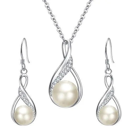 Produktbild: Clearine Damen 925 Sterling Silber Delicate Elegant CZ Cream Süßwasser-Zuchtperle Spiral Unendlichkeit Pendant Halskette Hook Ohrringe Schmuck Set (A-Perle)