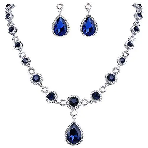 Produktbild: Clearine Damen Fashion Hochzeit Braut Kristall Unendlichkeit Figur 8 Tropfen Y-Halskette Dangle Ohrringe Set (Blau Silber-Ton)
