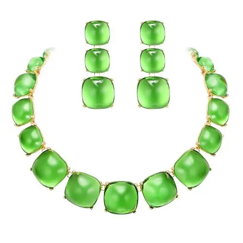 Produktbild: Clearine Mode stil Perlen Statement Halskette baumeln Ohrringe Schmuck-Set für Damen Mädchen Kostüm Weihnachten Party Prom Grün Gold-Ton