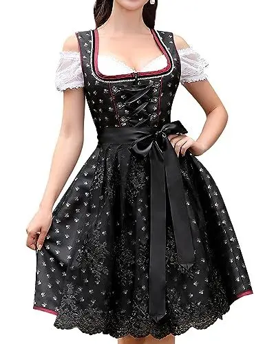 Produktbild: Clearlove Trachtenkleid Damen Dirndl Midi Elegant Kurz 3 Teilig Set inkl. Dirndl Kleid Dirndlschürze Dirndlbluse für Oktoberfest(A-Schwarz,40)