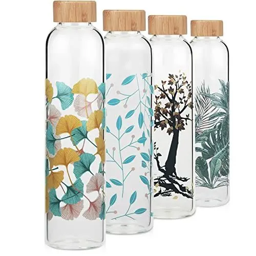 Produktbild: Cleesmil Sport Trinkflasche Glas Wasserflasche 500 ml BPA Free Glasflasche mit Neoprenhülle (Ginkgoblatt)
