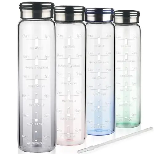 Produktbild: Cleesmil Trinkflasche Glas 1l, Motivierende Wasserflasche mit Strohhalm & Zeitmarkierungen, 1 Liter Glasflasche mit Neoprenhülle, Kohlensäure Geeignet
