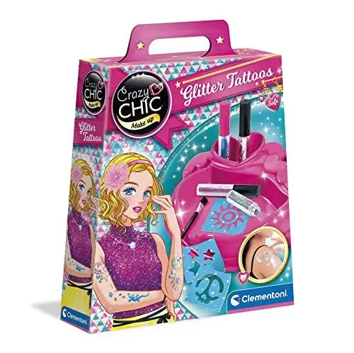 Produktbild: Clementoni Crazy Chic Glitzer Tattoos Set - Glitzer Tattoos für Mädchen ab 6 Jahren - Kinder Tattoos mit Glitzerfarben & Schablonen mit verschiedenen Formen 18513