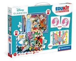 Produktbild: Clementoni Disney Classic Edukit 4 in 1 Set (Memo, Puzzle 30 und 48 Stücke, 6 Würfel) - pädagogische Spiele für Kinder - Memory und Logik-Spiel 18290