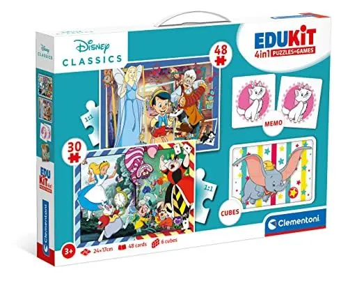 Produktbild: Clementoni Disney Classic Edukit 4 in 1 Set (Memo, Puzzle 30 und 48 Stücke, 6 Würfel) - pädagogische Spiele für Kinder - Memory und Logik-Spiel 18290