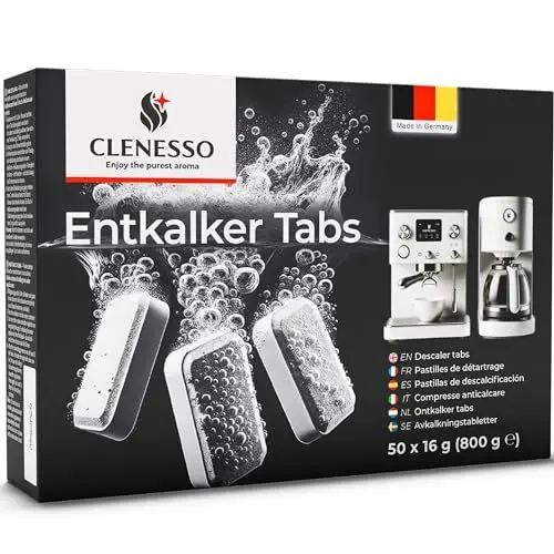 Produktbild: CLENESSO Entkalkungstabletten für Kaffeevollautomaten (50 Stück) – Premium Entkalkertabs kompatibel mit Jura, Siemens, Miele uvm. – Entkalker Kaffeevollautomat Tabs für optimale Pflege