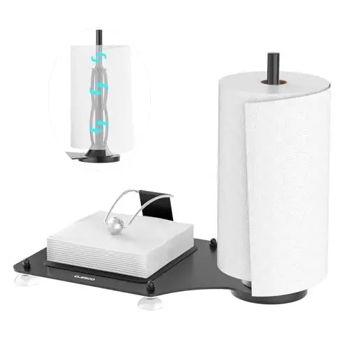 Produktbild: CLESOO 2 in 1 Serviettenhalter und Küchenrollenhalter Stehend, Multifunktionaler Mattschwarzer Metall Papierrollenhalter und Flacher Papierserviettenhalter mit Beschwerungsarm für Restaurant Esszimmer