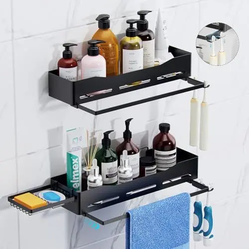 Produktbild: CLESOO Duschablage ohne Bohren - 2 Stück Duschregal Rostfrei mit Seifenhalter & 2 Zahnbürstenhalter - Große Kapazität Badregal Duschkorb zum Kleben Badezimmer Regal mit Handtuchhalter für Bad Küche