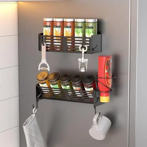 Produktbild: CLESOO Gewürzregal Magnetisch Kühlschrank, 2Stk. beweglicher Magnet Regal für Gewürze und Gewürzdosen, Wandmontiert Kühlschrankregale Hängeregal mit Spiralhalterung & 4 Haken für Küche Mikrowelle Herd