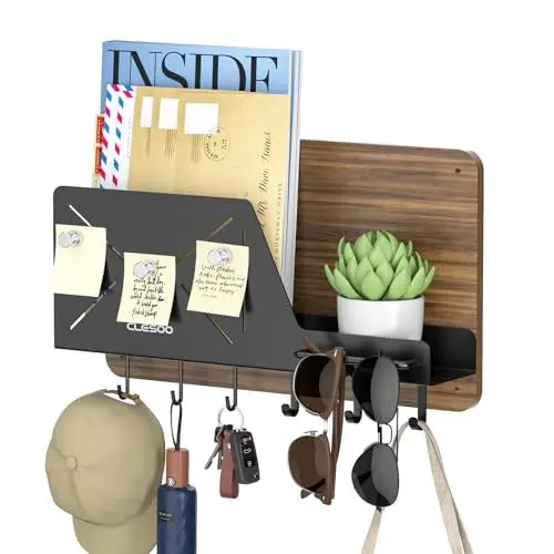 Produktbild: CLESOO Schlüsselbrett mit Ablage 6 Schlüsselhalter Wand mit Briefhalter Telefonhalter Schlüsselboard Holz mit Brillenhalter Memoboard Schlüsselhaken Schlüsselhaken für Flur Entryway Hallway