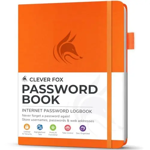 Produktbild: Clever Fox Passwortbuch mit Registerkarten - Adress- und Passwort-Organisationsbuch mit alphabetischen Registerkarten - Kleines Passwortbuch für Computer- und Website-Logins, Orange